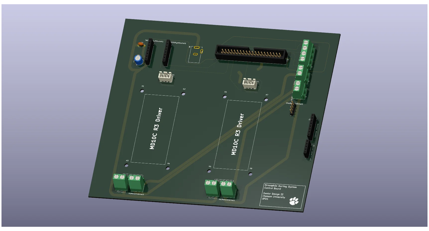 Top three-quarter KiCad render of the custom Drosophila system control board