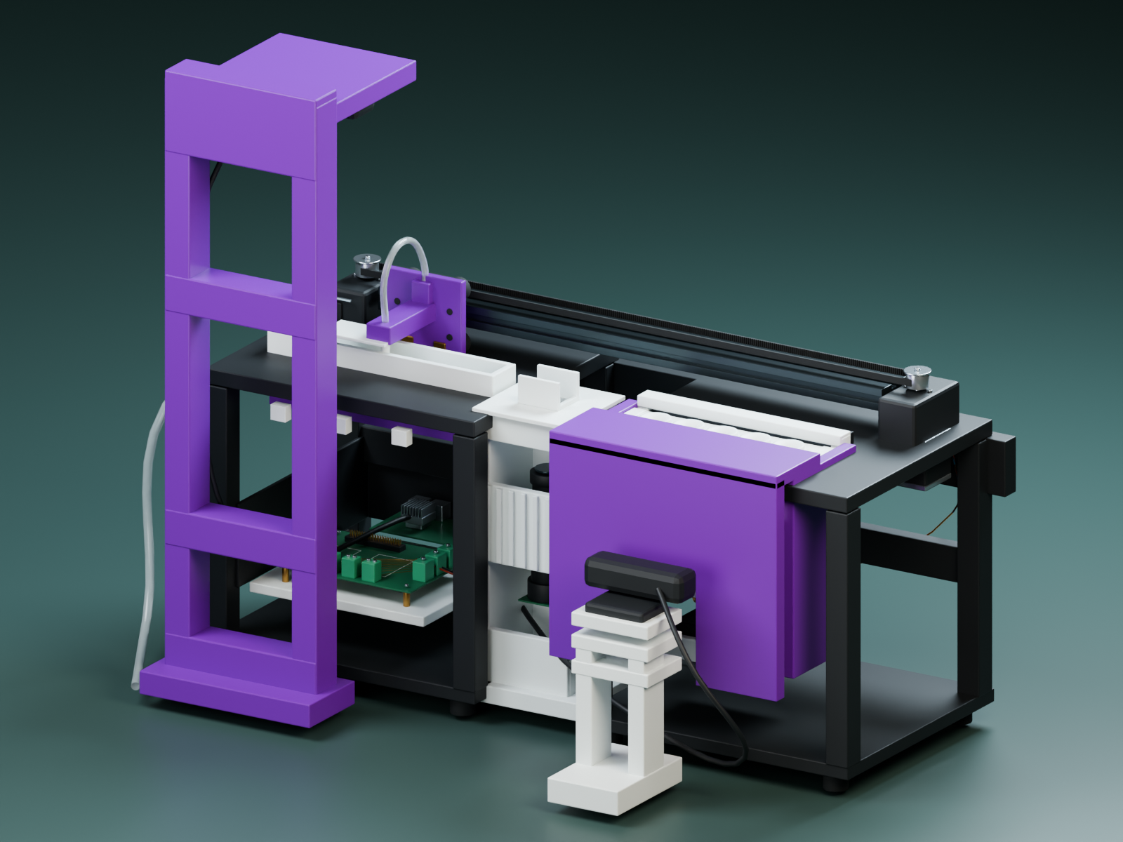 Reconstruction of the purple and white fruit-fly handling platform, with its motion rail, cameras, and vial rack
